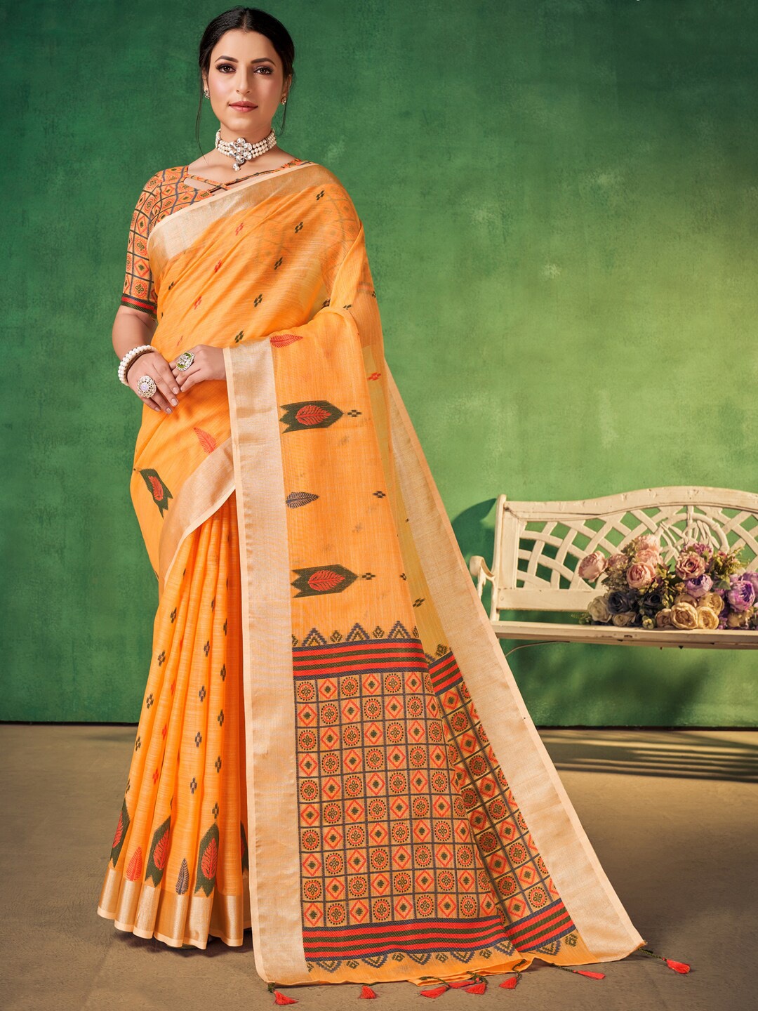 

Mitera Orange & Red Woven Design Zari Linen Blend Saree