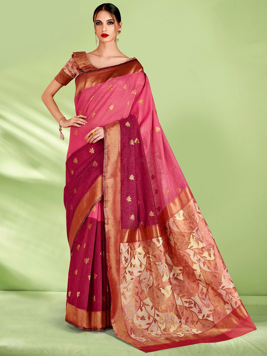 

Mitera Pink & Purple Ethnic Motifs Woven Design Zari Banarasi Saree