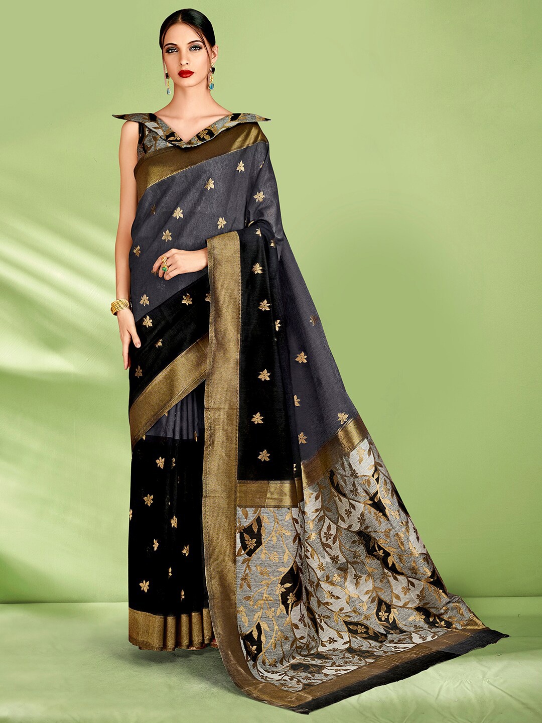 

Mitera Black & Grey Ethnic Motifs Woven Design Zari Banarasi Saree