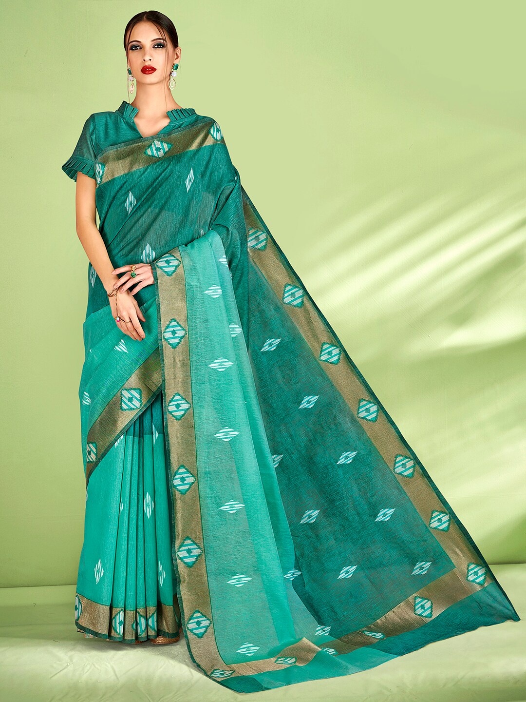 

Mitera Teal & White Geometric Woven Design Zari Silk Blend Banarasi Saree