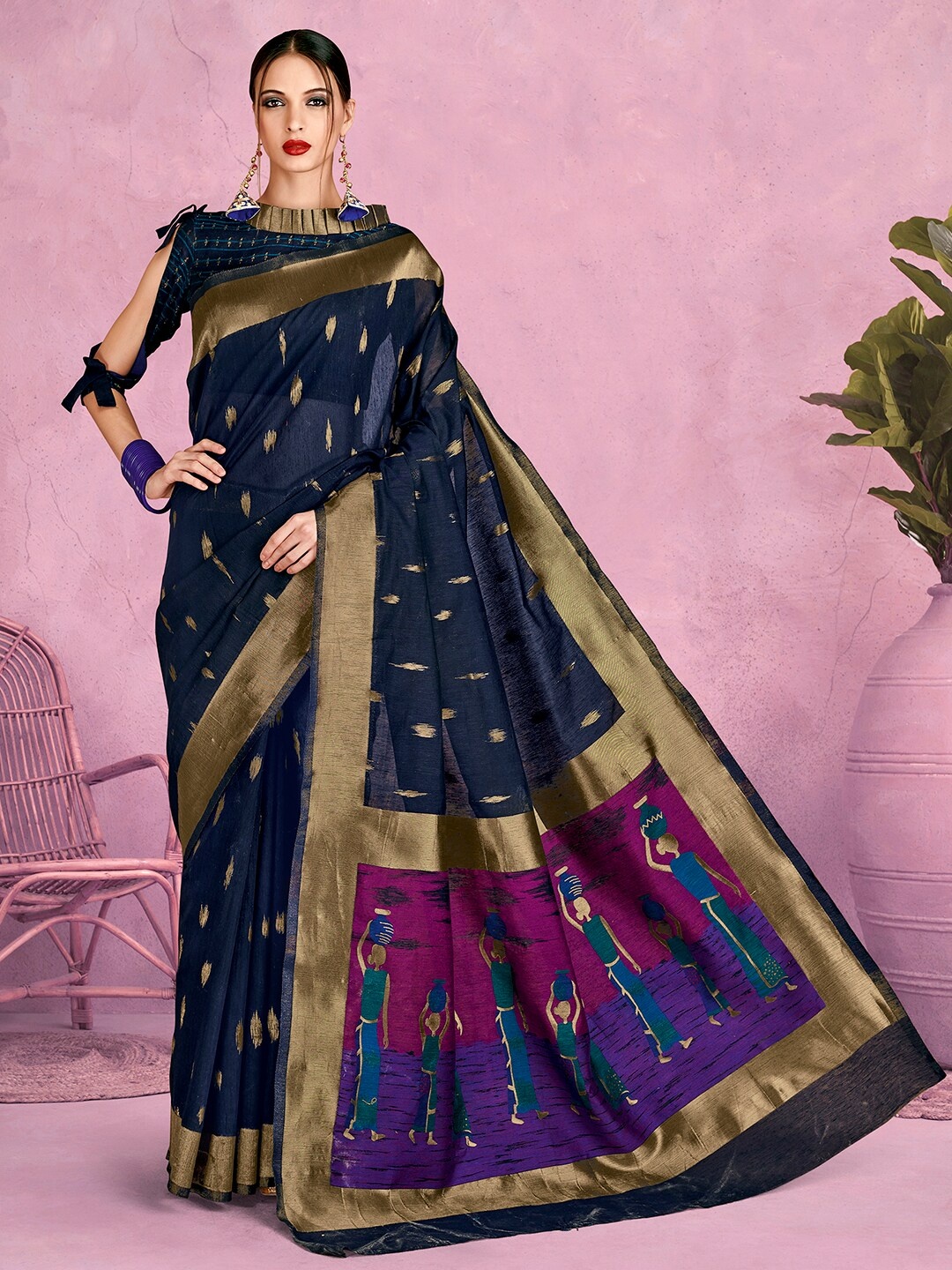 

Mitera Navy Blue & Gold-Toned Abstract Woven Design Zari Banarasi Saree