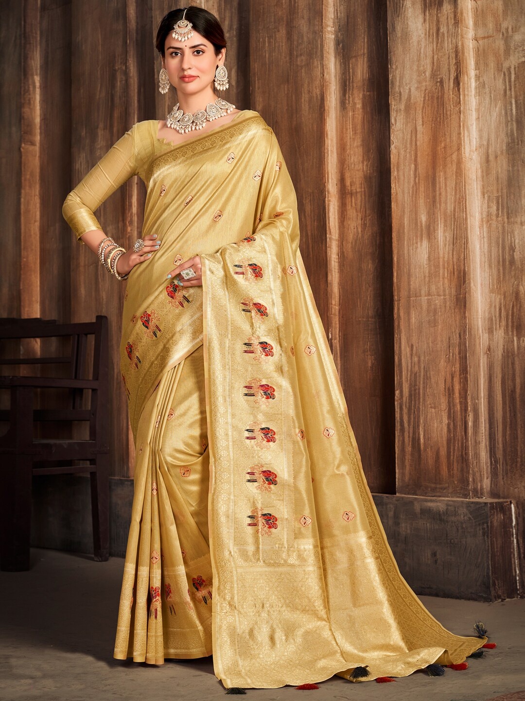 

Mitera Beige Ethnic Motifs Woven Design Zari Kanjeevaram Saree