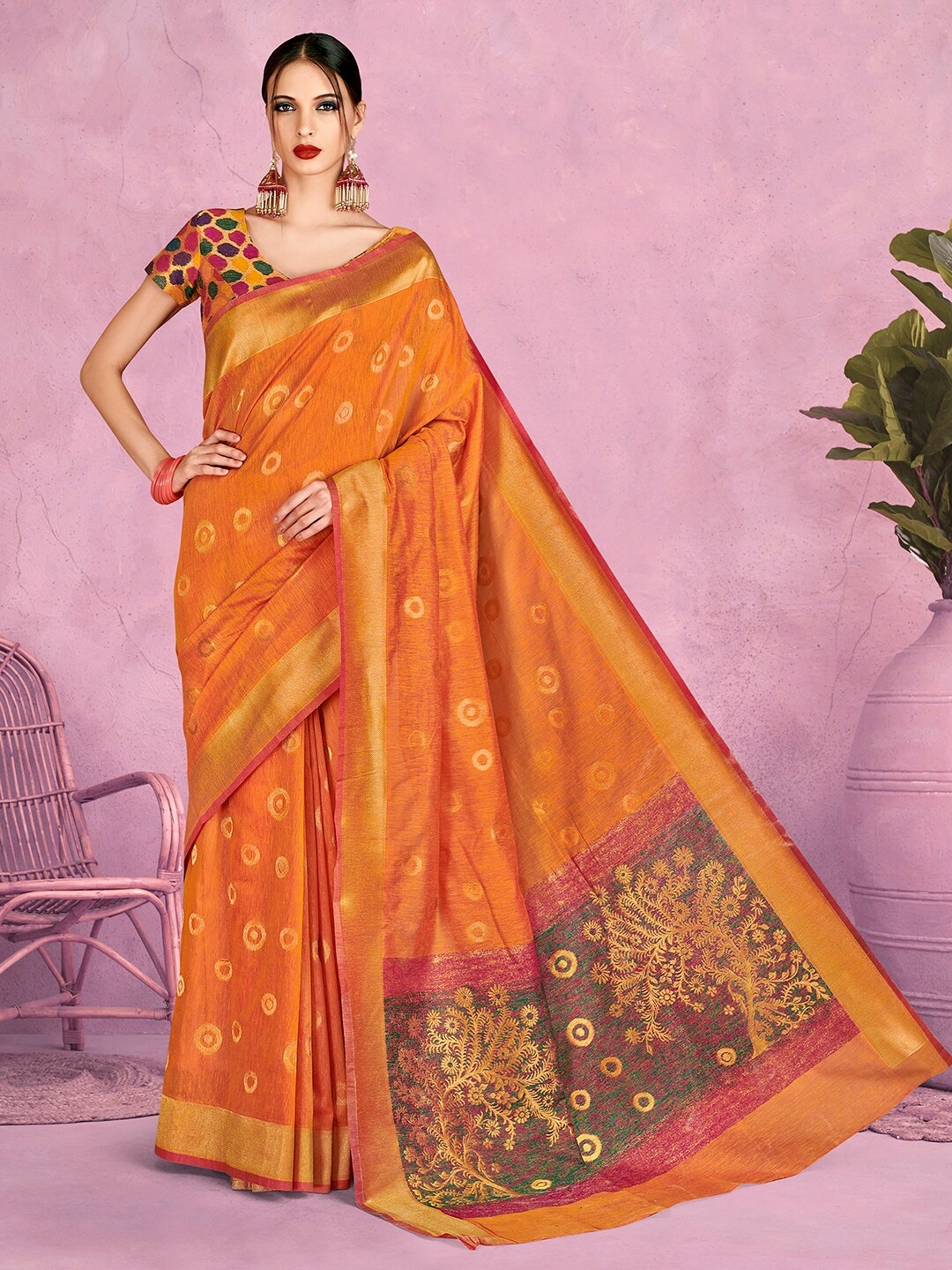 

Mitera Mustard & Red Geometric Woven Design Zari Banarasi Saree