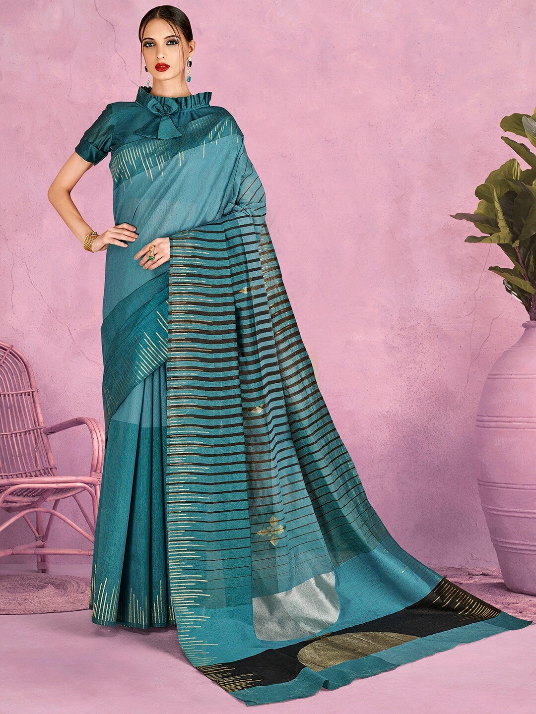 

Mitera Striped Woven Design Zari Silk Blend Banarasi Saree, Teal