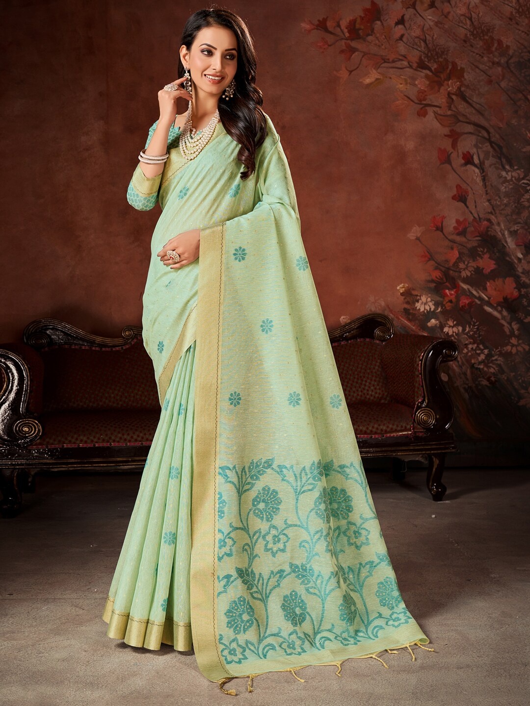 

Mitera Sea Green Floral Woven Design Zari Saree