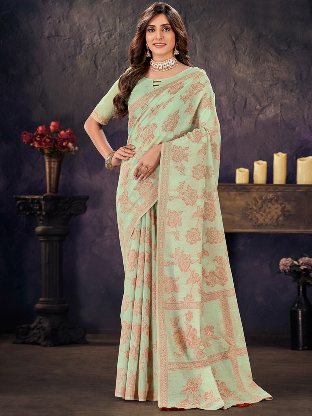 

Mitera Floral Woven Design Banarasi Saree, Sea green