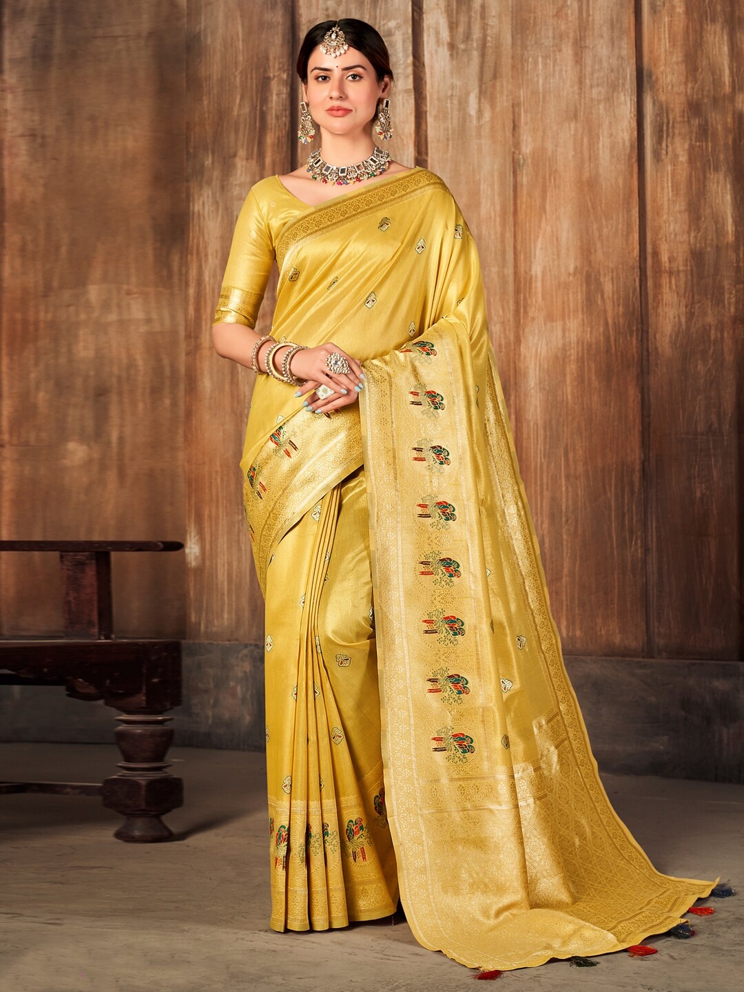 

Mitera Ethnic Motif Woven Design Zari Kanjeevaram Saree, Yellow