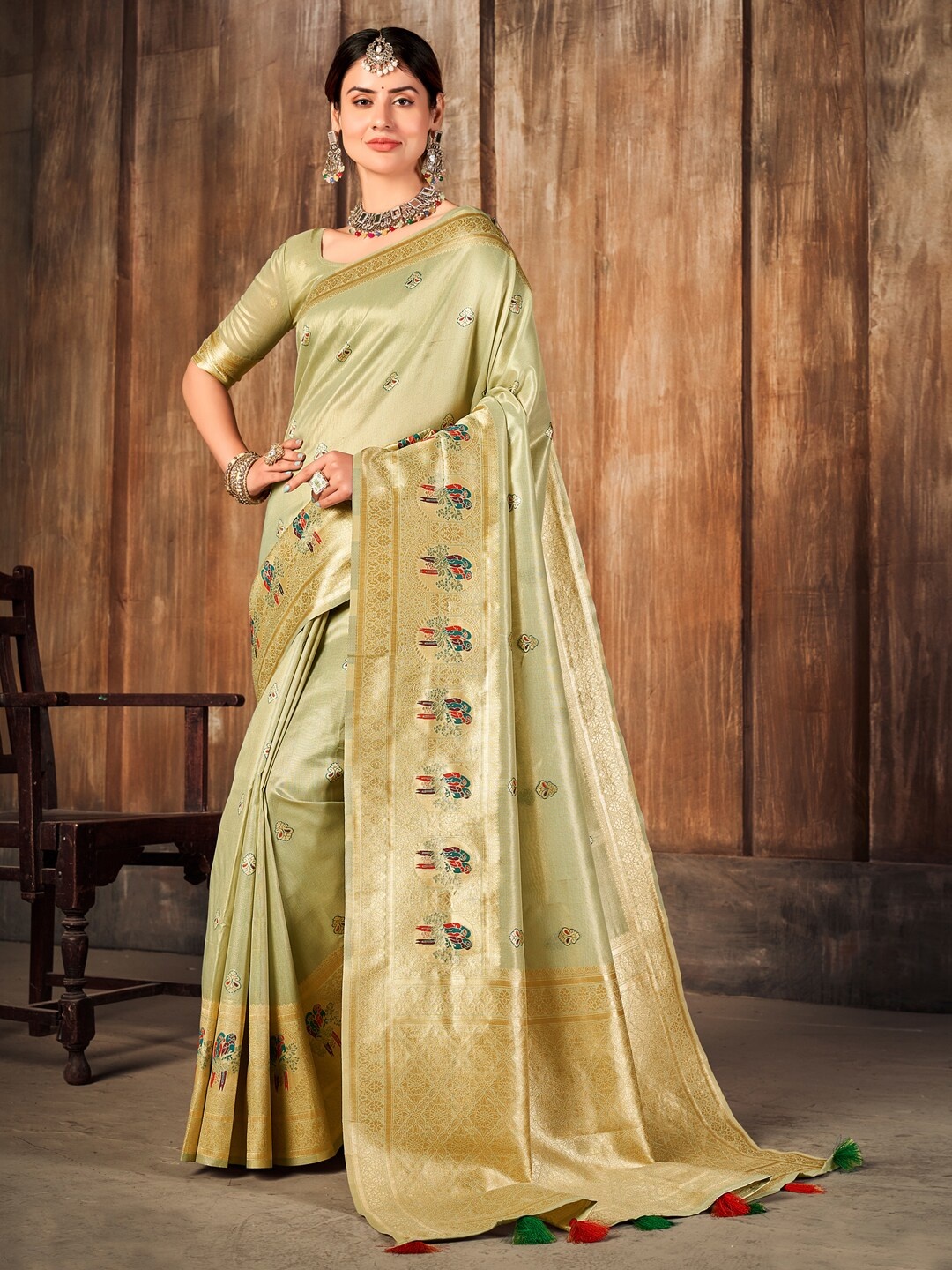 

Mitera Sea Green & Red Ethnic Motifs Woven Design Zari Kanjeevaram Saree