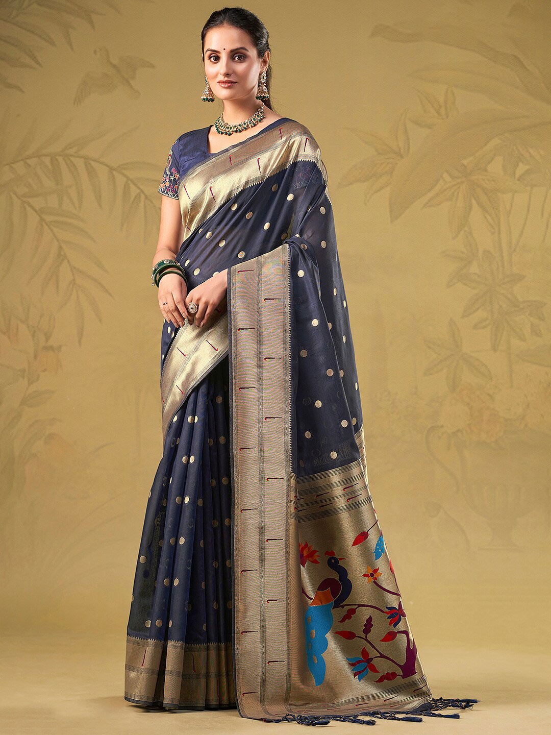 

Mitera Navy Blue & Gold-Toned Ethnic Motifs Woven Design Zari Kanjeevaram Saree