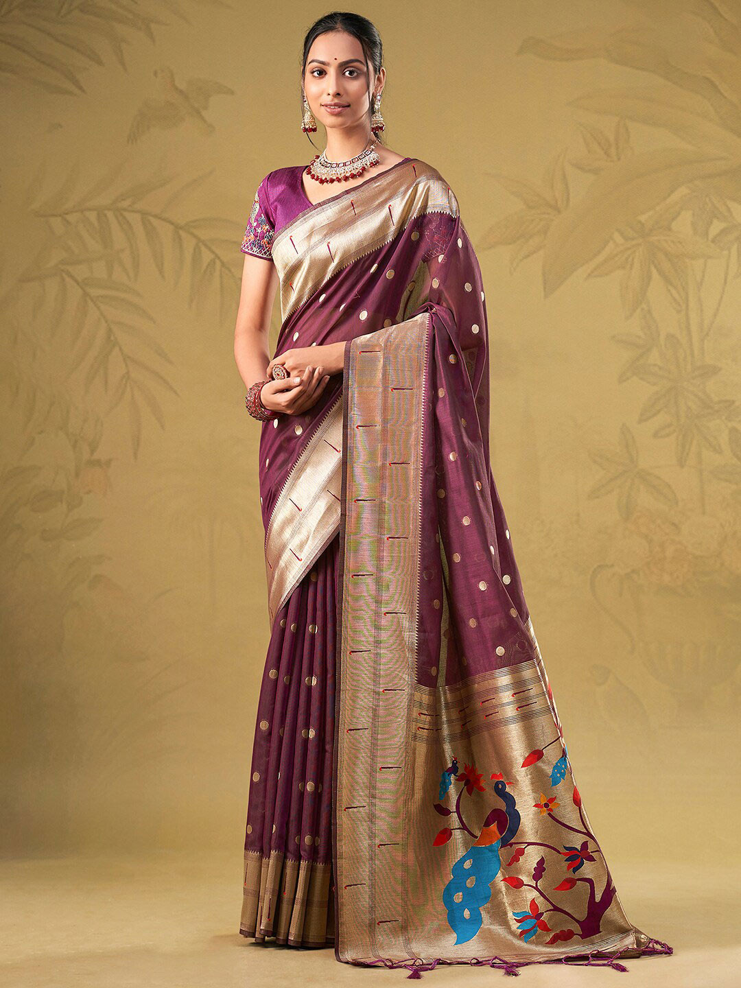 

Mitera Purple & Gold-Toned Ethnic Motifs Woven Design Zari Kanjeevaram Saree