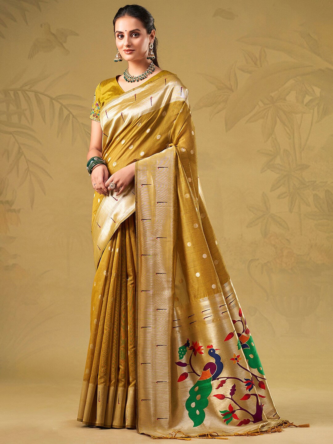 

Mitera Mustard & Green Ethnic Motifs Woven Design Zari Kanjeevaram Saree
