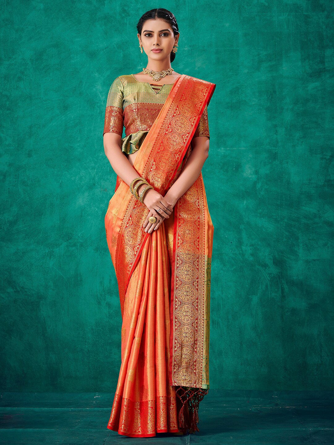 

Mitera Woven Design Zari Kanjeevaram Saree, Orange