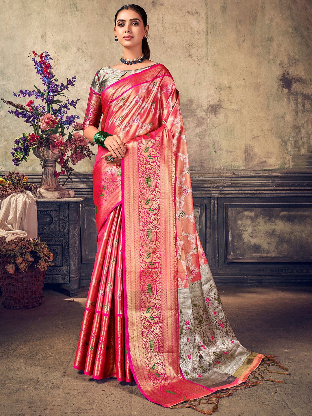 

Mitera Pink & Gold-Toned Ethnic Motifs Woven Design Zari Kanjeevaram Saree