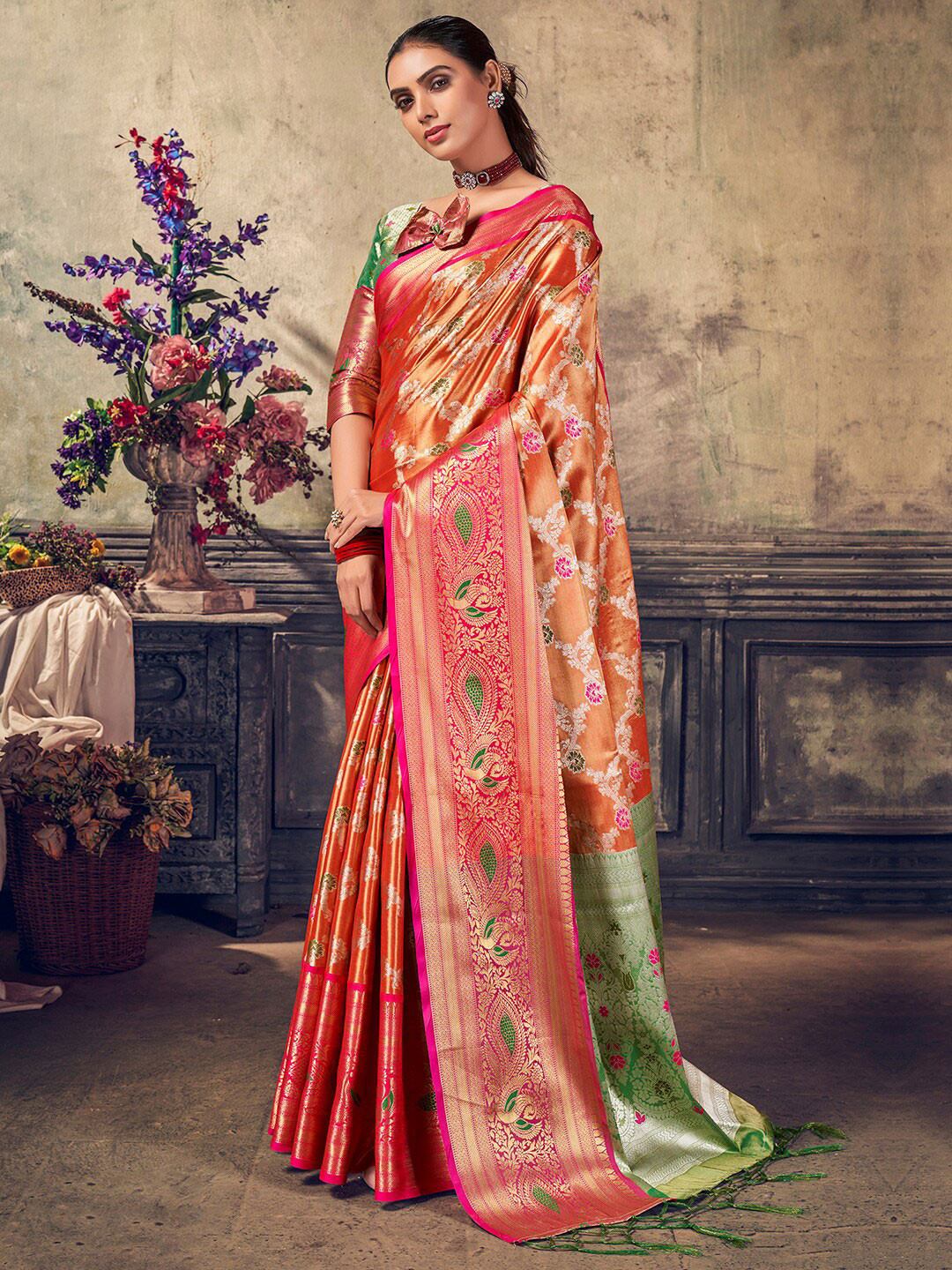 

Mitera Rust & Green Ethnic Motifs Woven Design Zari Kanjeevaram Saree