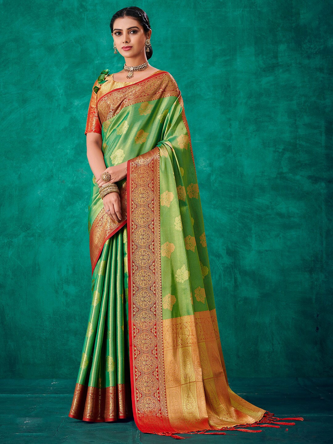 

Mitera Floral Woven Design Zari Kanjeevaram Saree, Green