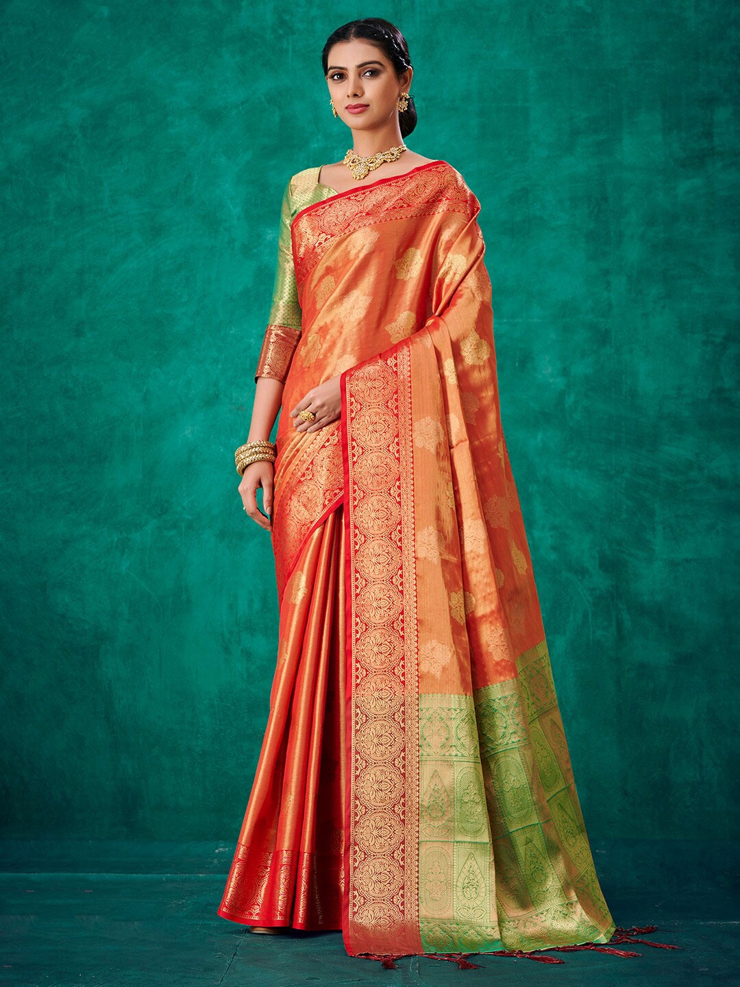 

Mitera Ethnic Motifs Woven Design Zari Silk Blend Kanjeevaram Saree, Orange