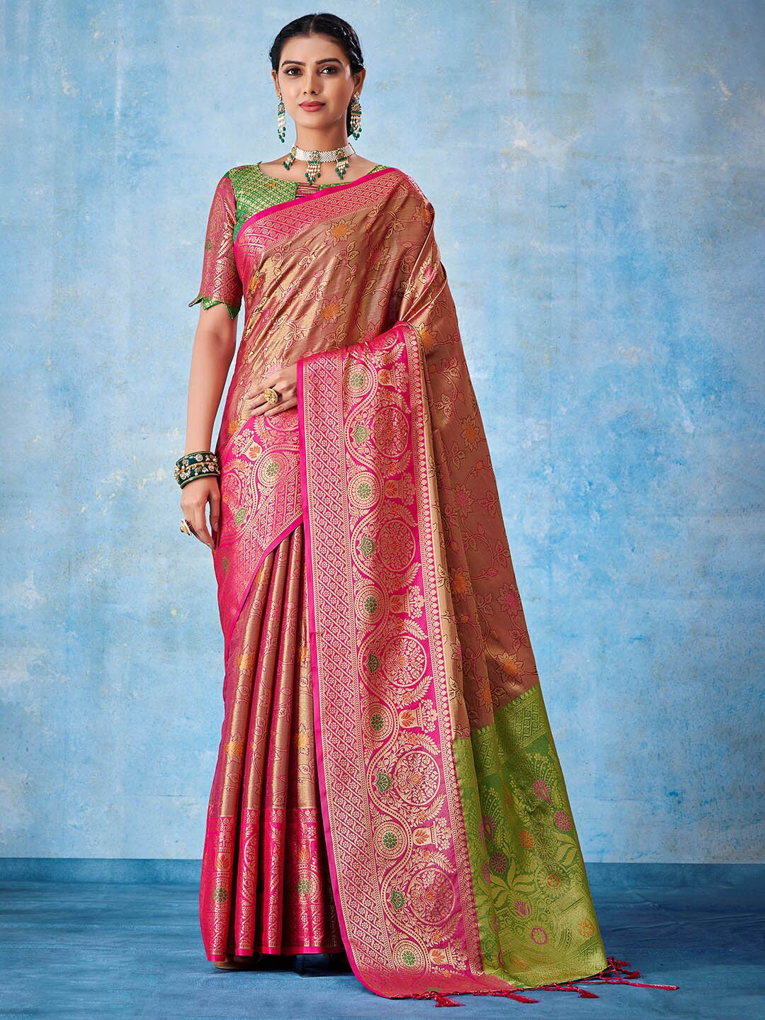 

Mitera Ethnic Motifs Woven Design Zari Silk Blend Kanjeevaram Saree, Pink