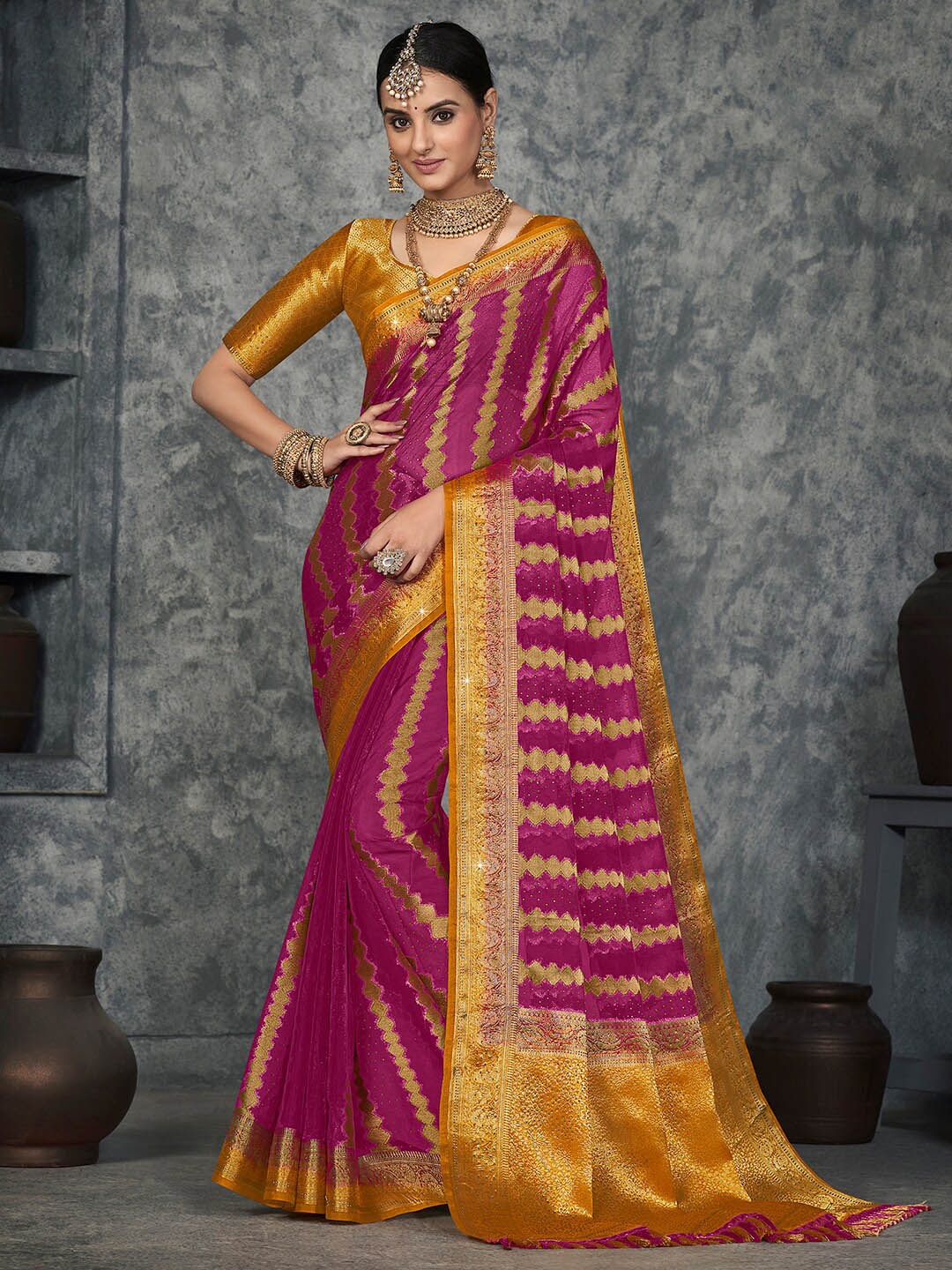 

Saree mall Ethnic Motif Woven Design Zari Organza Kanjeevaram Sarees, Magenta