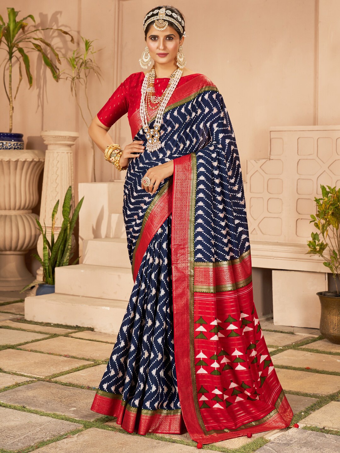 

Saree mall Geometric Woven Design Zari Silk Blend Banarasi Sarees, Navy blue
