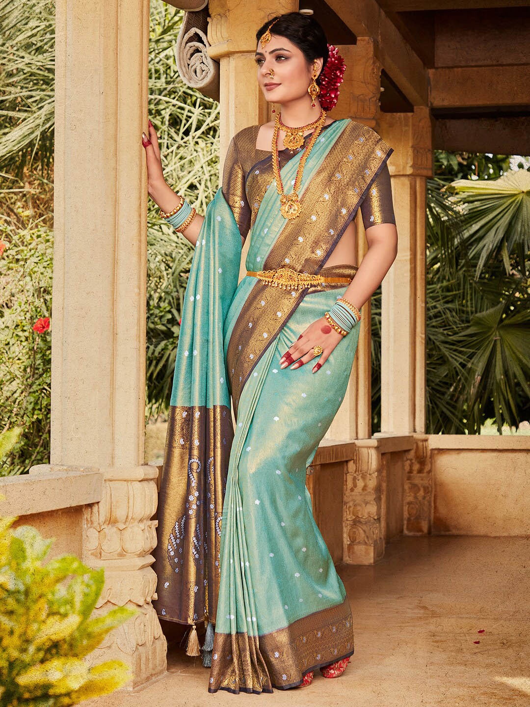 

Saree mall Ethnic Motifs Woven Design Zari Kanjeevaram Sarees, Blue