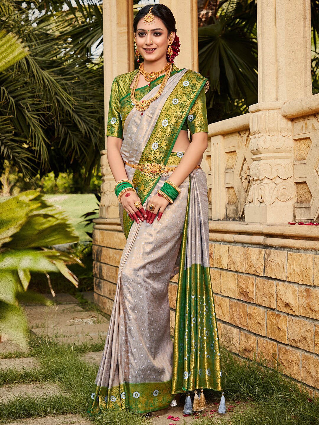 

Saree mall Ethnic Motifs Woven Design Zari Kanjeevaram Sarees, Grey