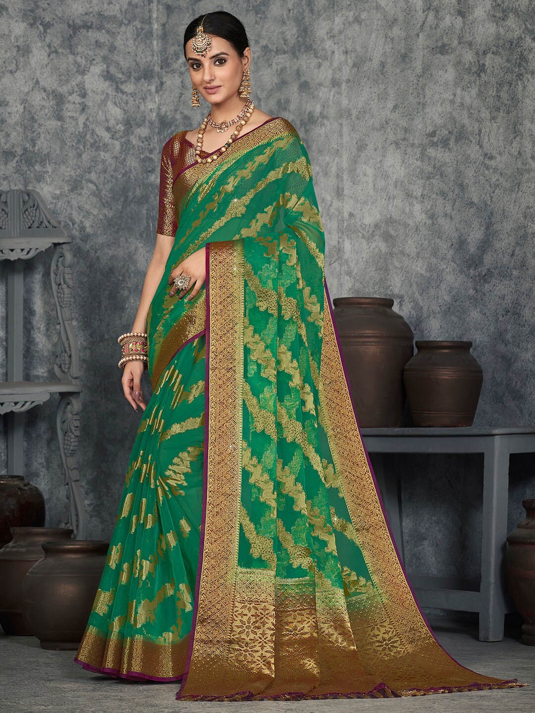 

Saree mall Woven Design Zari Organza Kanjeevaram Sarees, Sea green