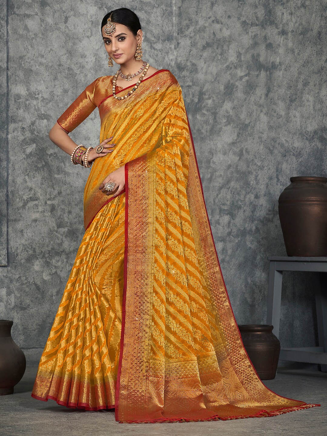 

Saree mall Floral Woven Design Zari Organza Kanjeevaram Sarees, Yellow