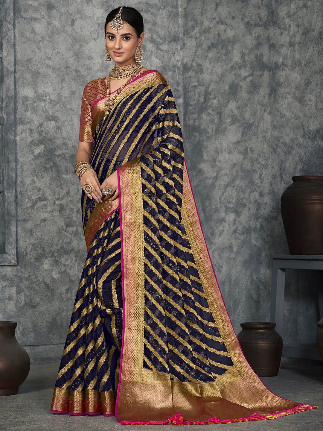 

Saree mall Ethnic Motif Woven Design Zari Organza Kanjeevaram Sarees, Navy blue