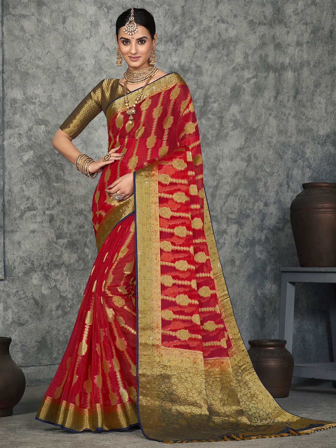 

Saree mall Ethnic Motifs Woven Design Zari Organza Kanjeevaram Sarees, Red