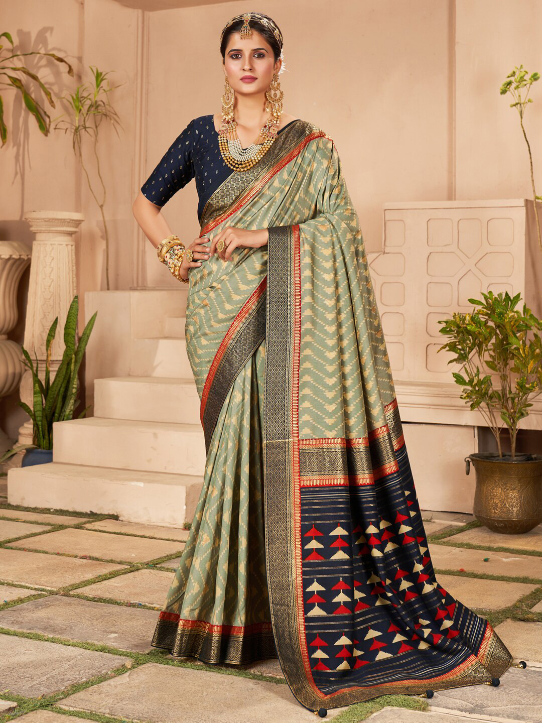 

Saree mall Striped Zari Silk Blend Banarasi Sarees, Sea green