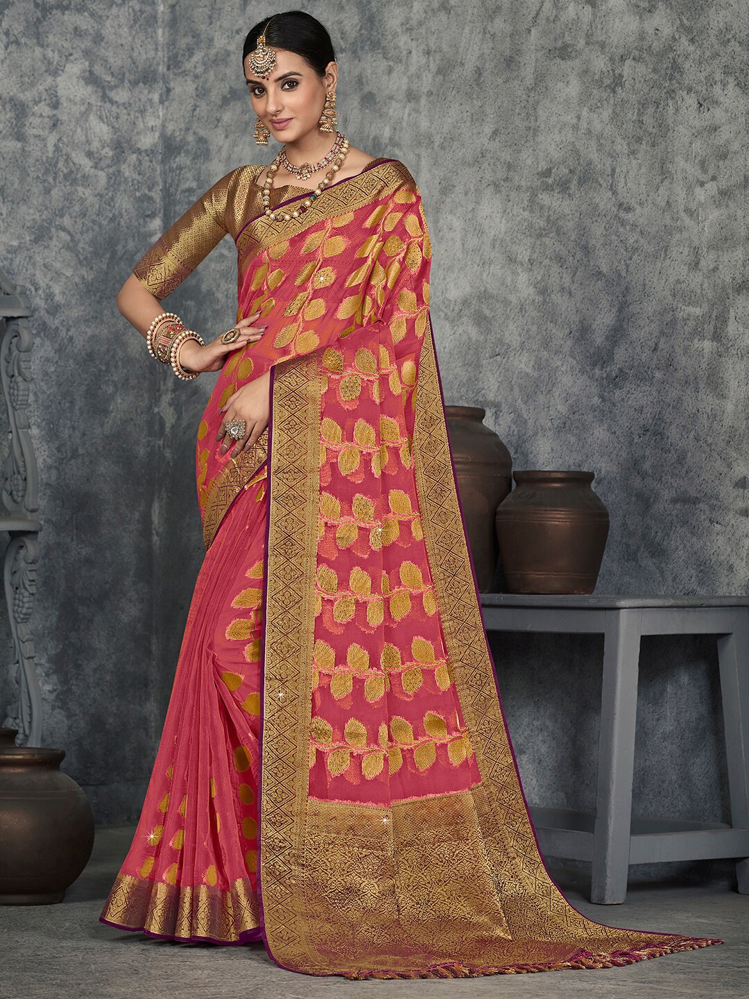 

Saree mall Floral Woven Design Zari Kanjeevaram Sarees, Pink