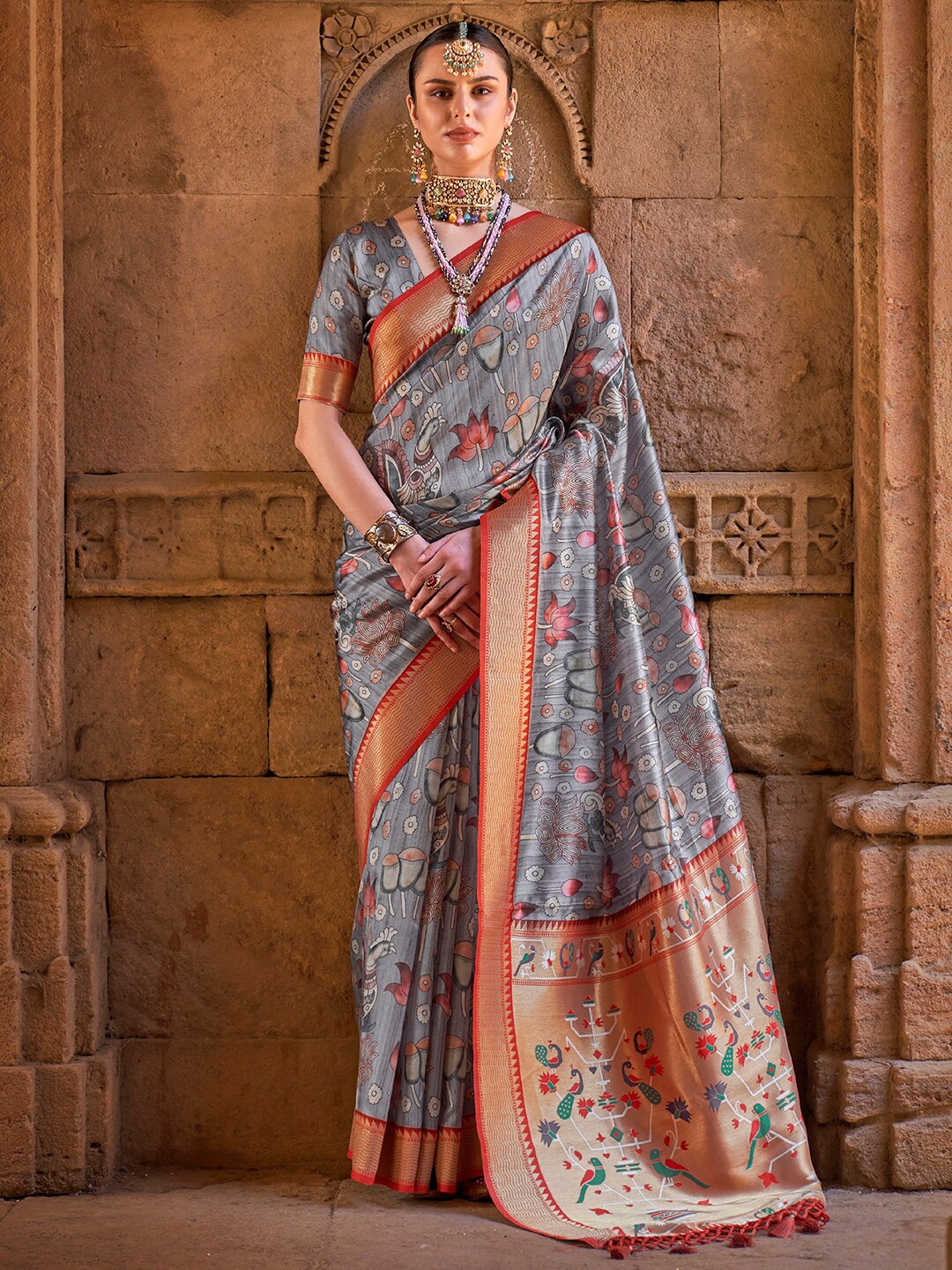 

Saree mall Floral Printed Zari Banarasi Sarees, Grey