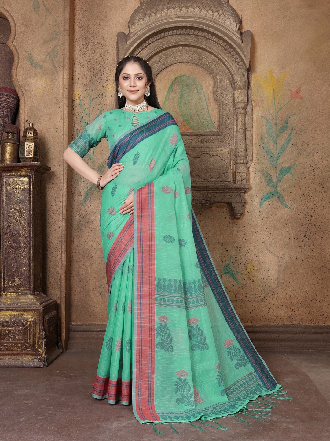

GAJARAI Woven Design Pure Linen Saree, Turquoise blue