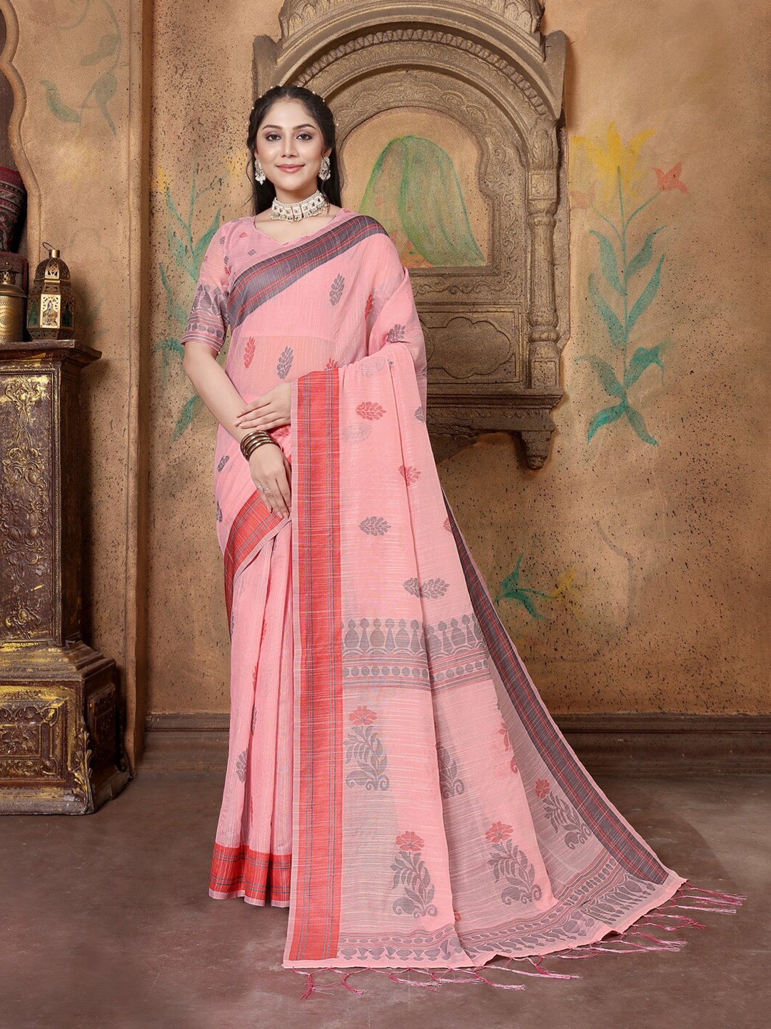 

GAJARAI Woven Design Pure Linen Saree, Pink