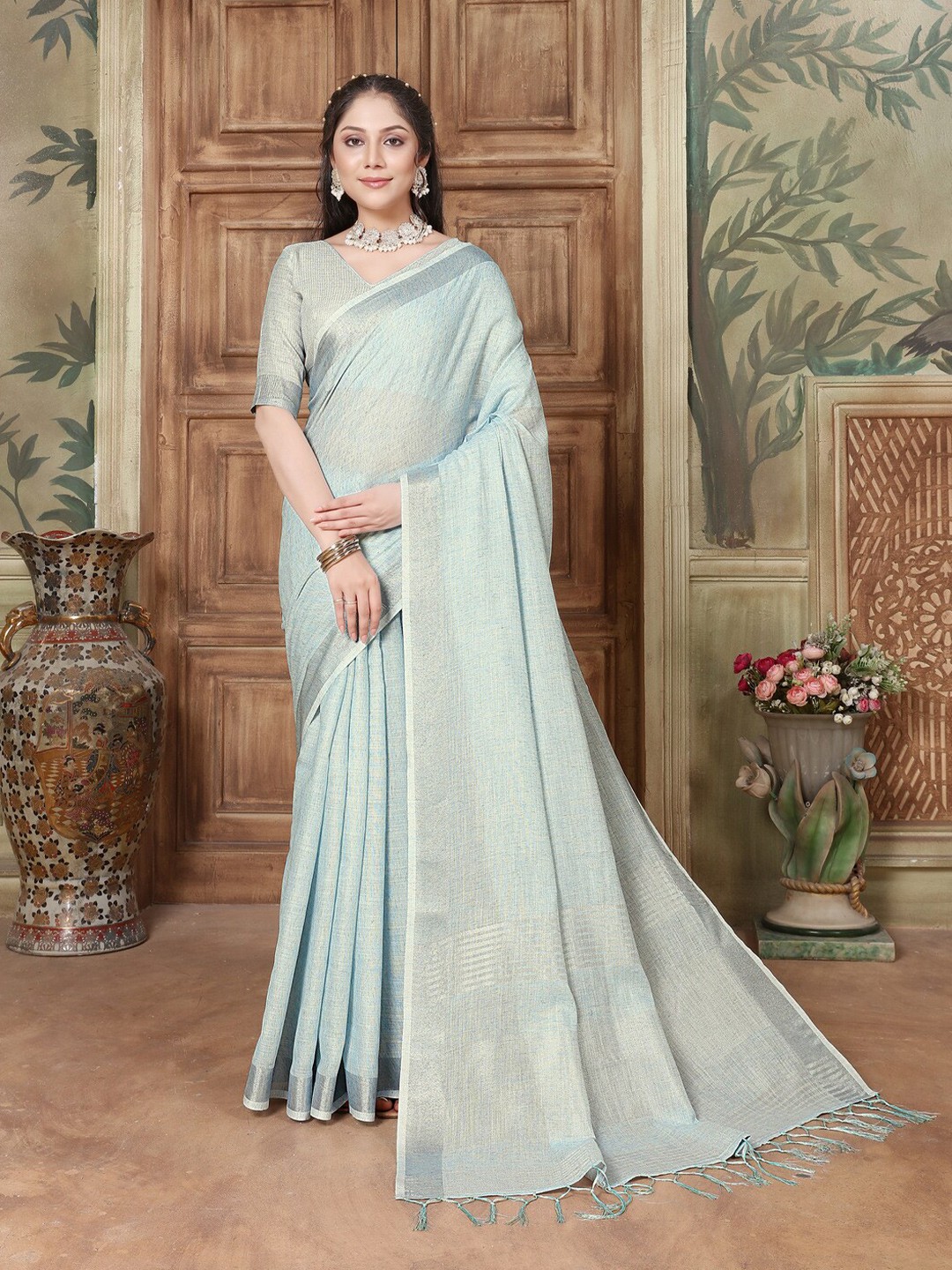 

GAJARAI Woven Design Zari Pure Linen Saree, Blue