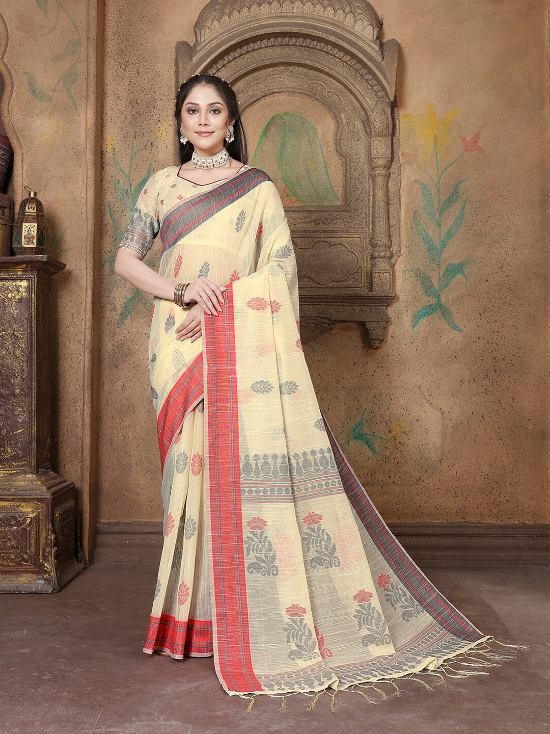 

GAJARAI Ethnic Motifs Woven Design Jacquard Pure Linen Saree, Beige