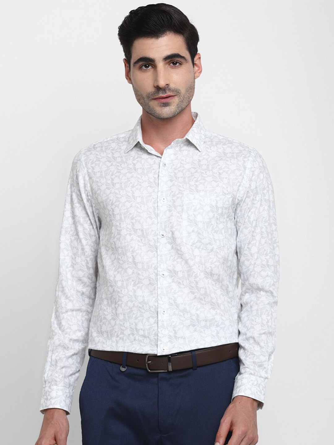 

Turtle Modern Slim Fit Floral Printed Pure Cotton Formal Shirt, White