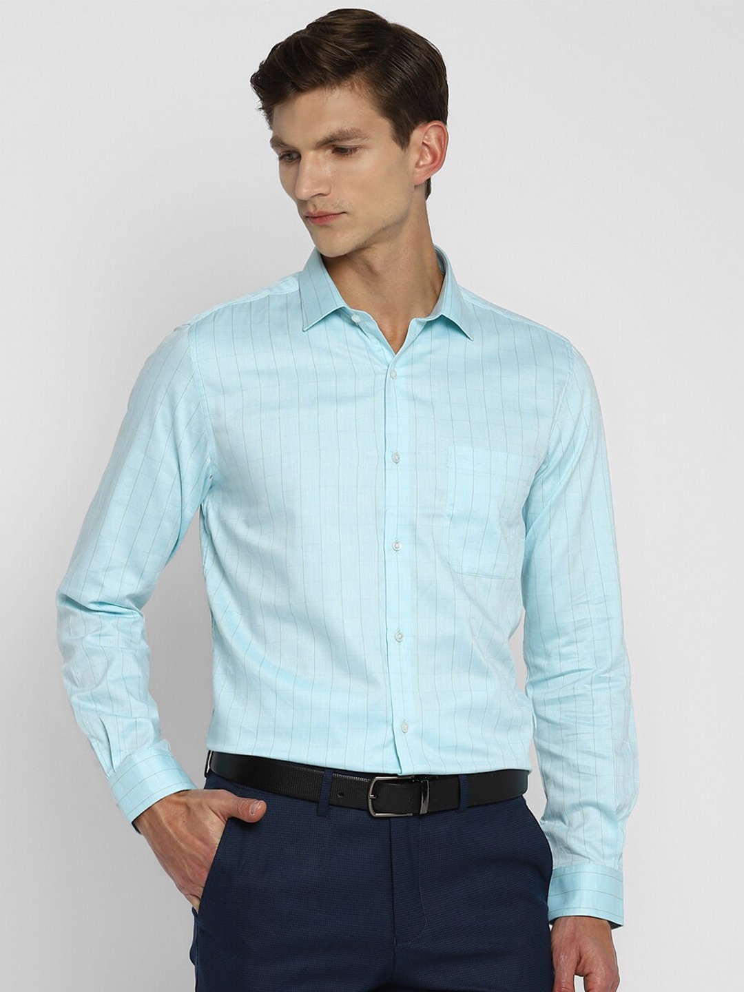 

Turtle Checked Modern Slim Fit Pure Cotton Formal Shirt, Blue