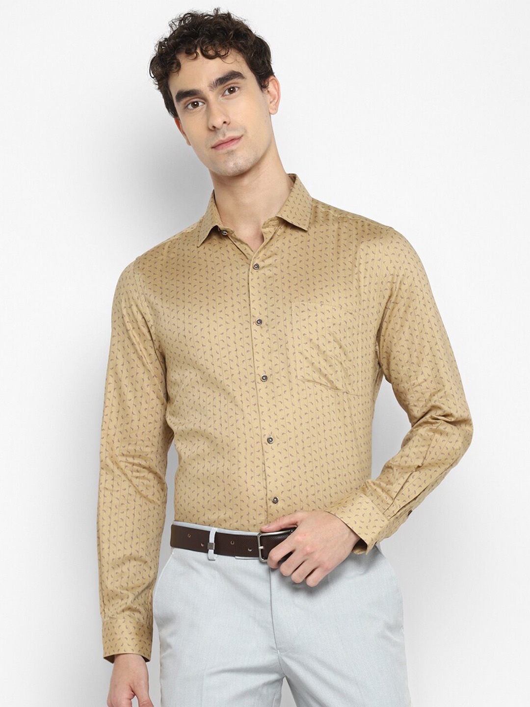 

Turtle Micro Ditsy Printed Modern Slim Fit Pure Cotton Formal Shirt, Khaki