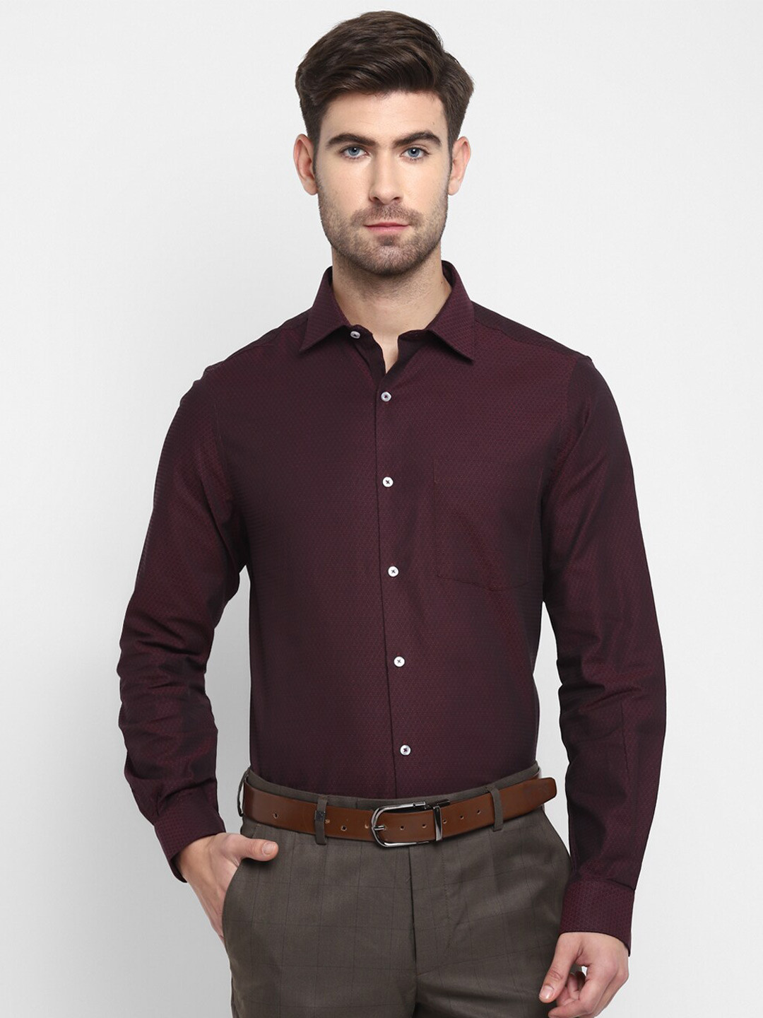 

Turtle Self Design Textured Modern Slim Fit Pure Cotton Formal Shirt, Maroon
