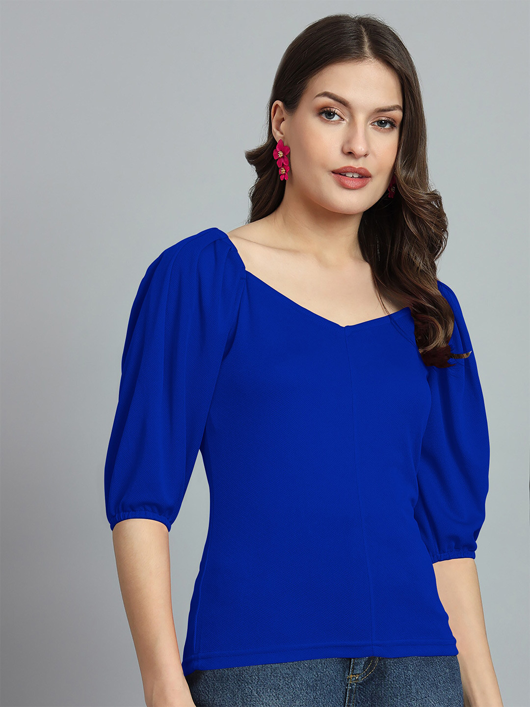 

Dream Beauty Fashion V-Neck Puff Sleeves Gathered Regular Top, Blue