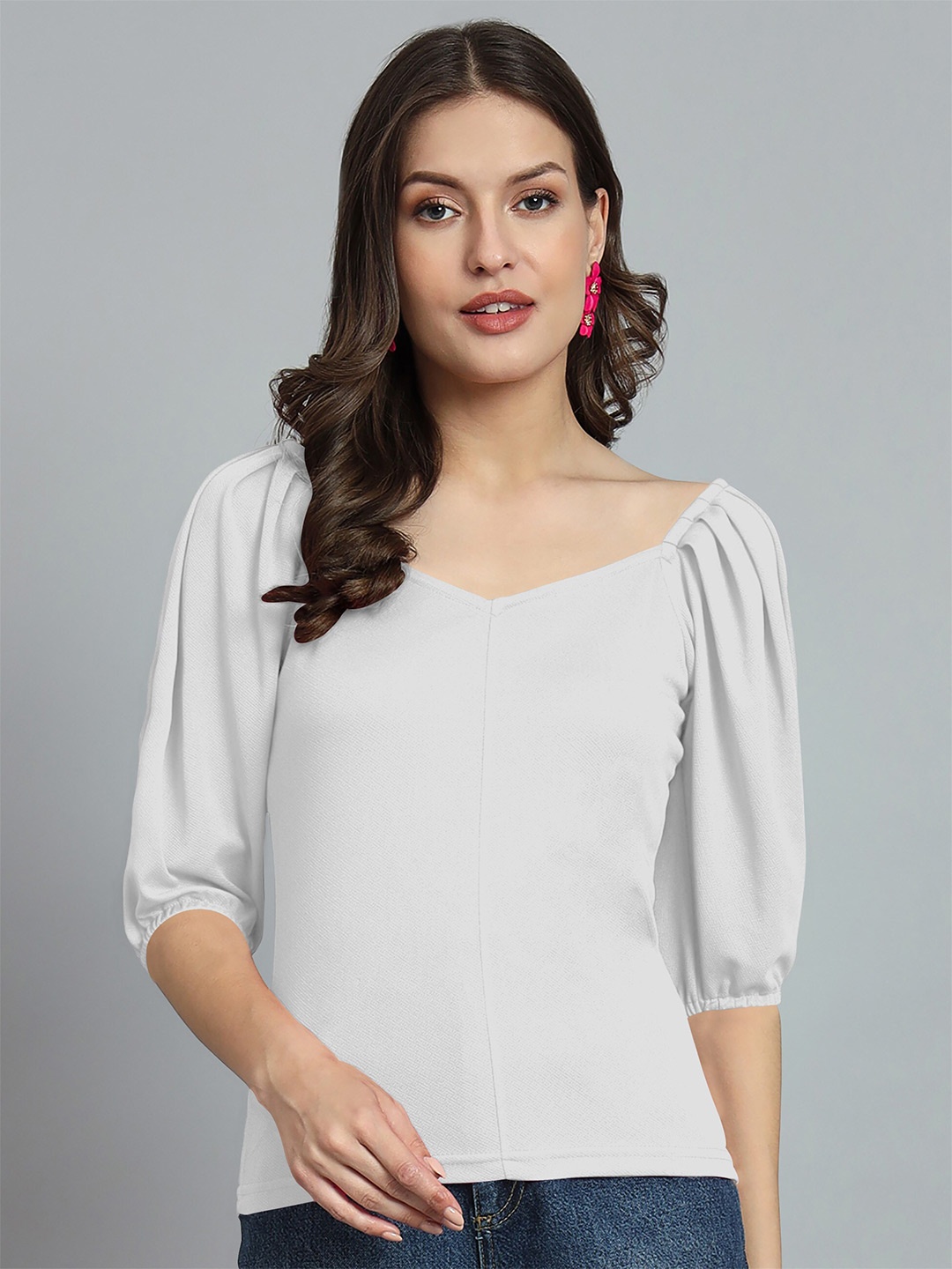 

Dream Beauty Fashion V-Neck Puff Sleeves Gathered Regular Top, White