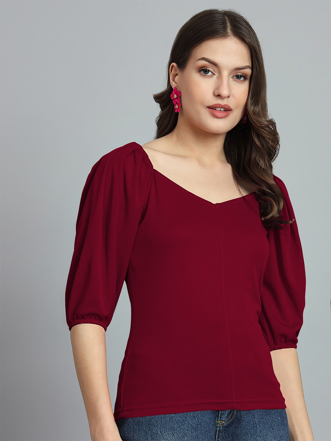 

Dream Beauty Fashion V-Neck Puff Sleeves Gathered Regular Top, Maroon