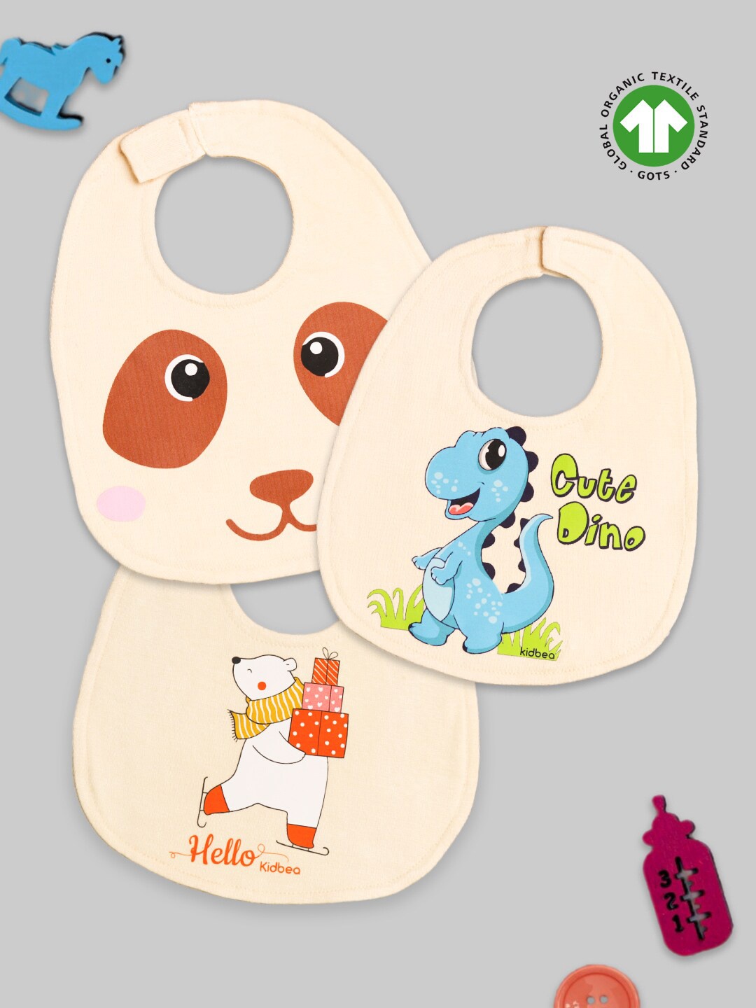 

Kidbea Infants Unisex Pack Of 3 Printed Bibs, Beige