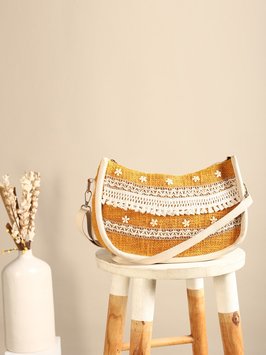 

DEEBACO Floral Embroidered Cotton Structured Sling Bag, Mustard