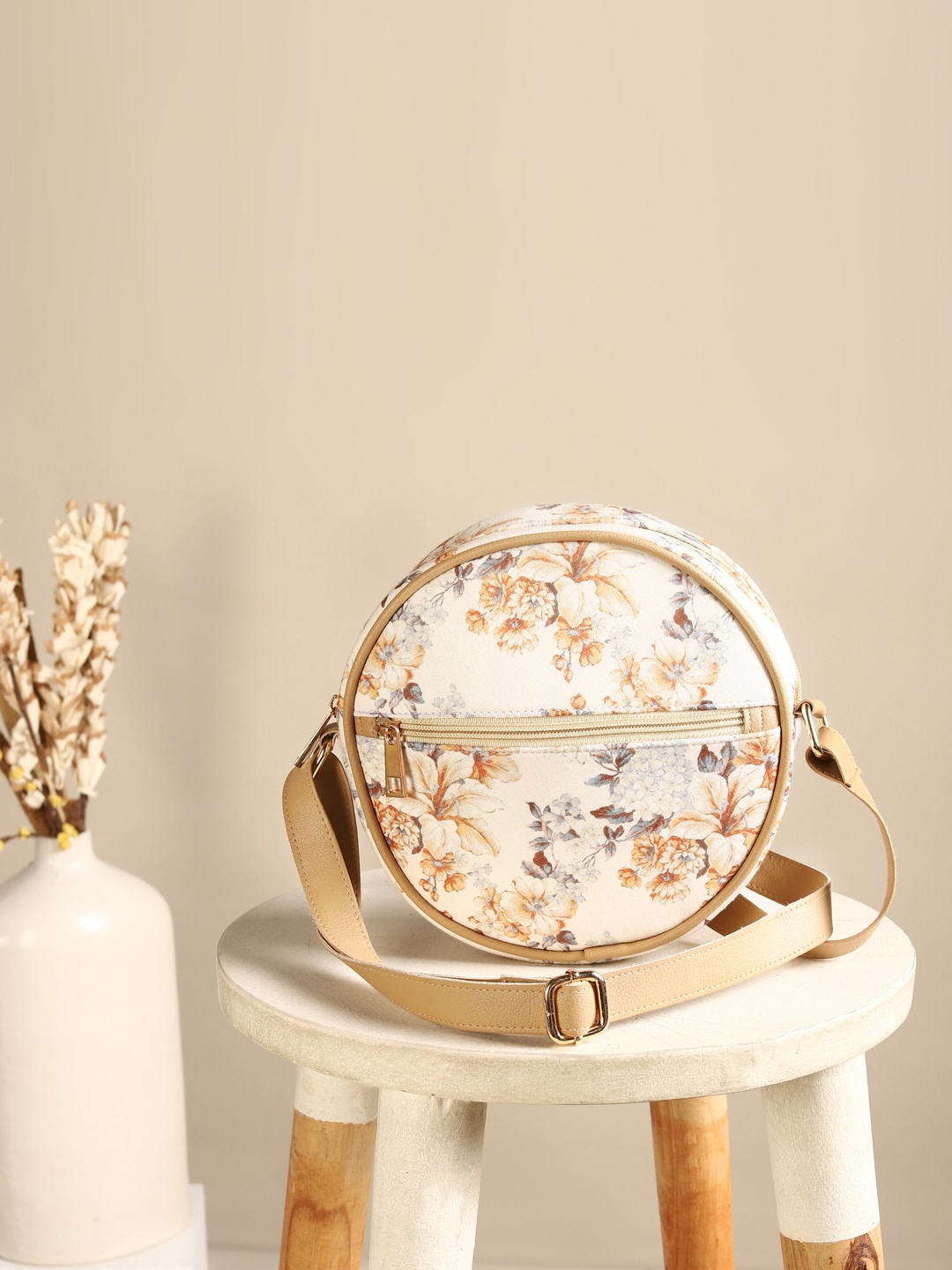 

DEEBACO Floral Printed Half Moon Sling Bag, Cream