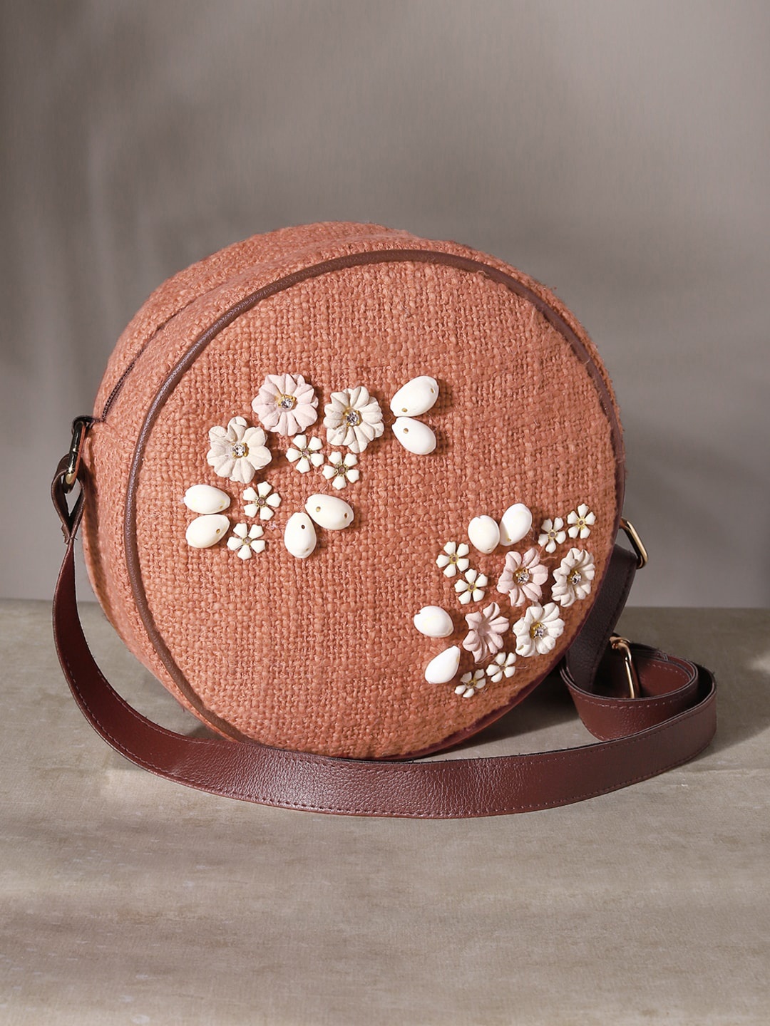 

DEEBACO Floral Embroidered Cotton Structured Sling Bag, Peach