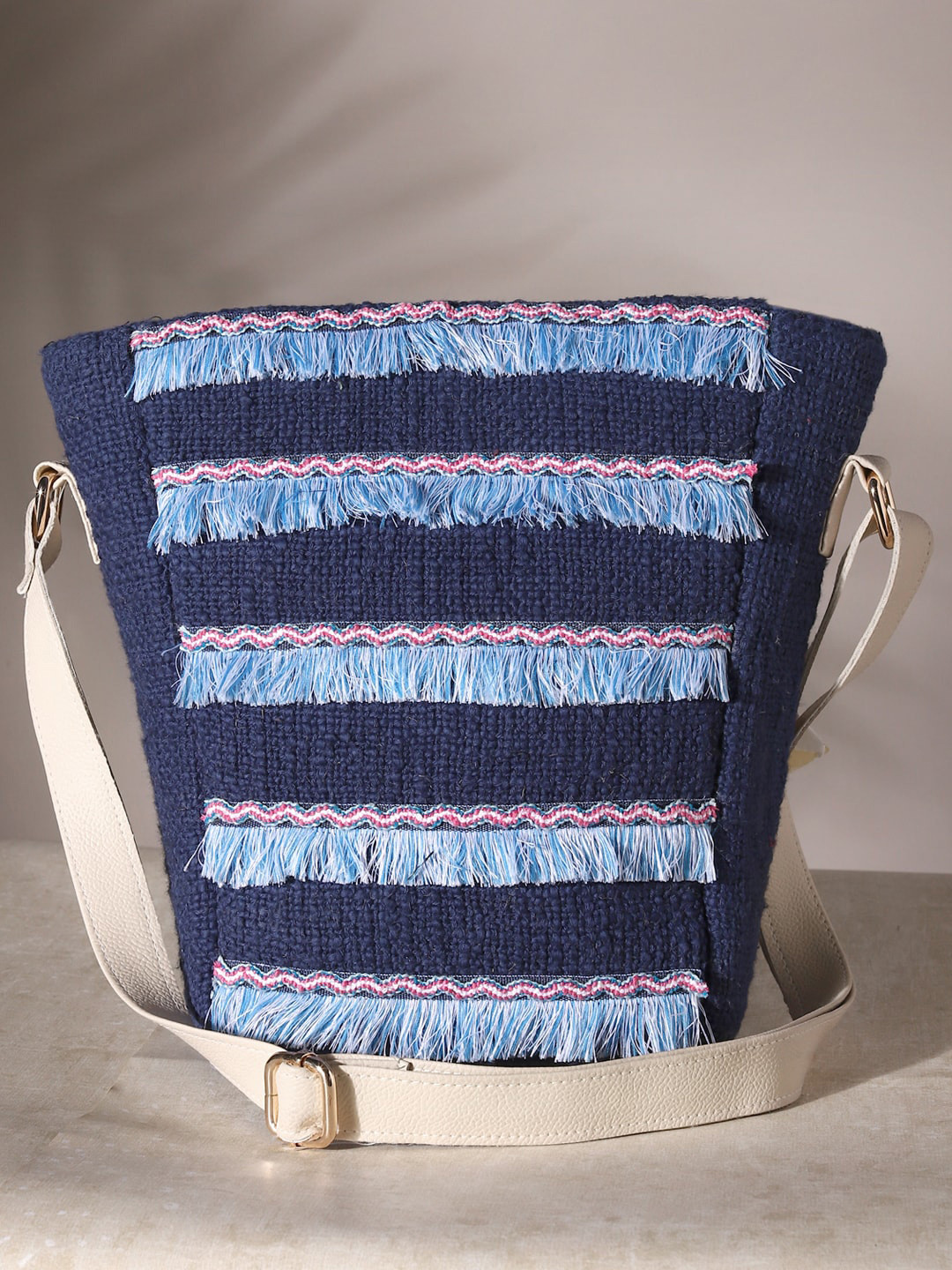 

DEEBACO Fringed Bucket Shoulder Bag, Navy blue