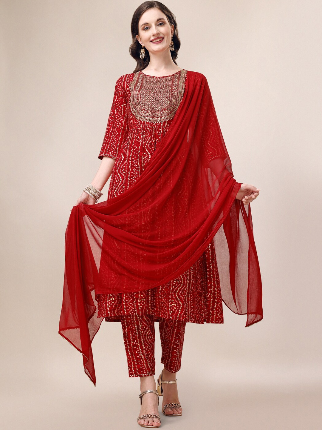 

Berrylicious Bandhani Printed Thread Work Pleated A-Line Kurta & Trousers with Dupatta, Red