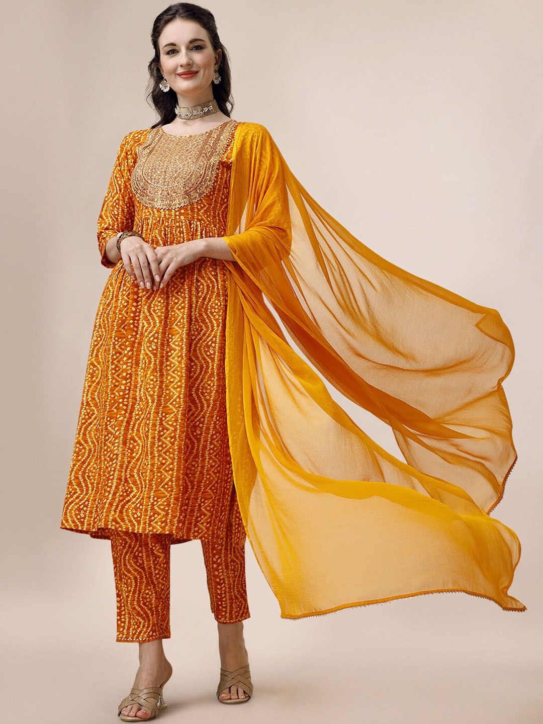 

Berrylicious Bandhani Printed Thread Work Pleated A-Line Kurta & Trousers with Dupatta, Mustard